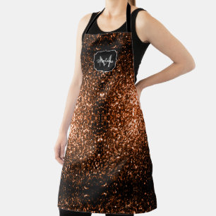 Bronze brown copper faux glitters sparkle Monogram Apron