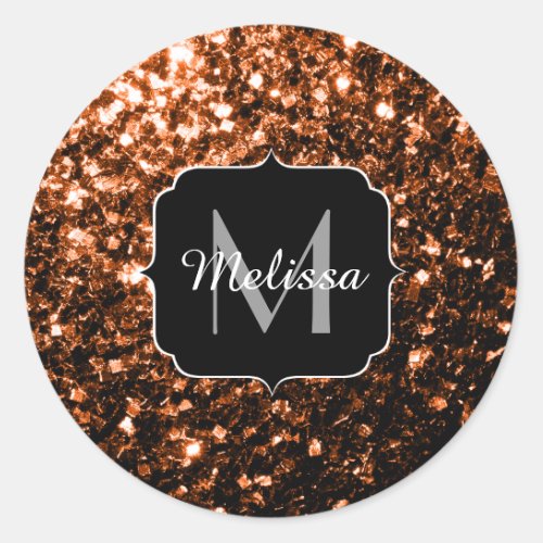Bronze brown copper faux glitters sparkle Monogram Classic Round Sticker