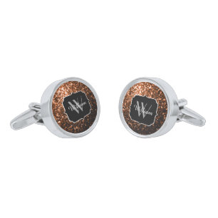 Bronze brown copper faux glitters sparkle Monogram Cufflinks