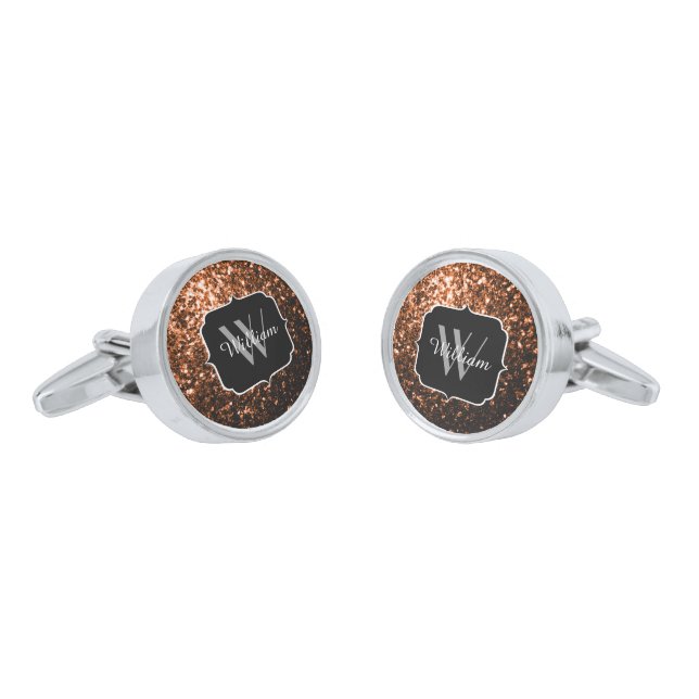 Bronze brown copper faux glitters sparkle Monogram Cufflinks (Angled)