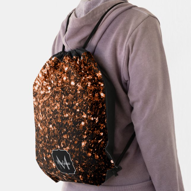 Bronze brown copper faux glitters sparkle Monogram Drawstring Bag (Insitu)