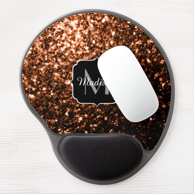 Bronze brown copper faux glitters sparkle Monogram Gel Mouse Pad (Left Side)
