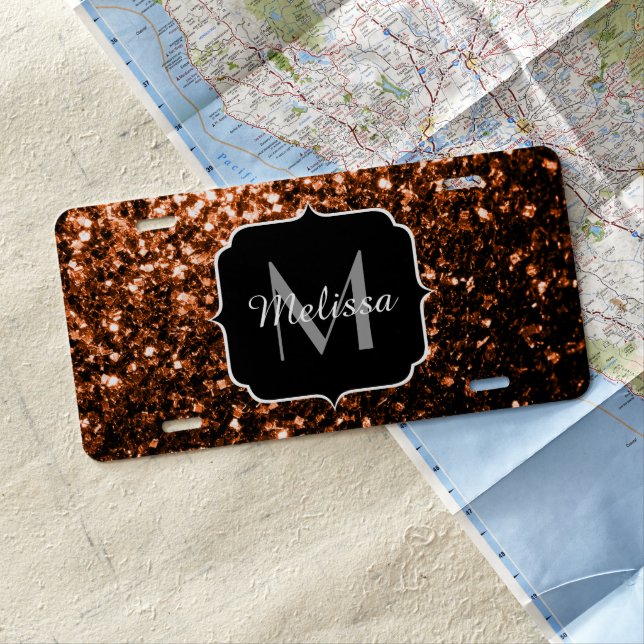 Bronze brown copper faux glitters sparkle Monogram License Plate (In Situ)
