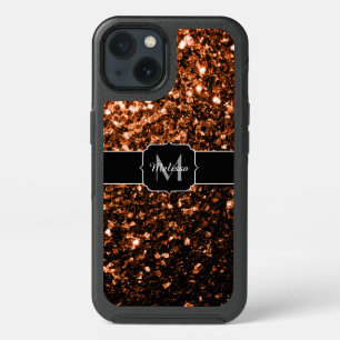 Bronze brown copper faux glitters sparkle Monogram iPhone 13 Case