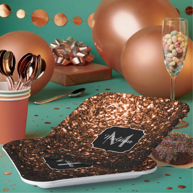 Bronze brown copper faux glitters sparkle Monogram Paper Plates (Multi)