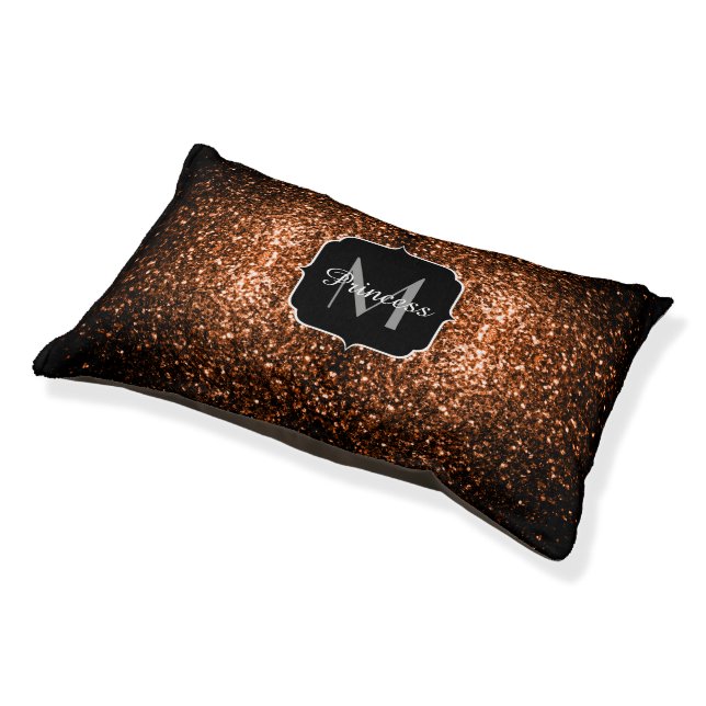 Bronze brown copper faux glitters sparkle Monogram Pet Bed (Angled)