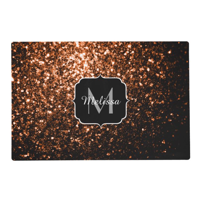 Bronze brown copper faux glitters sparkle Monogram Placemat (Front)