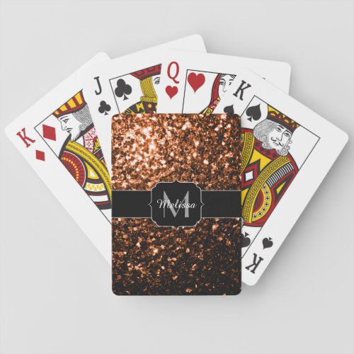 Bronze brown copper faux glitters sparkle Monogram Poker Cards