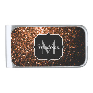 Bronze brown copper faux glitters sparkle Monogram Silver Finish Money Clip