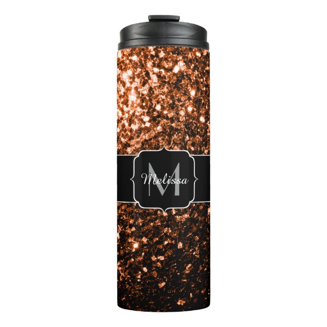 Bronze brown copper faux glitters sparkle Monogram Thermal Tumbler (Front)