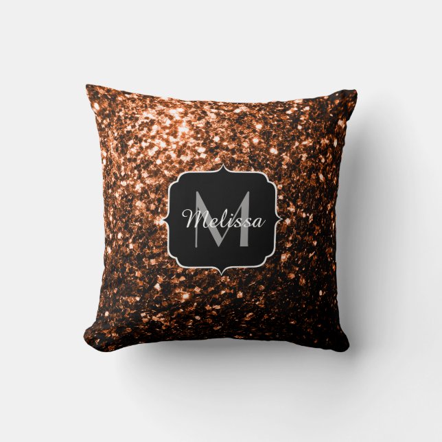 Bronze brown copper faux glitters sparkle Monogram Throw Pillow (Front)
