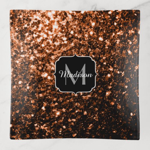 Bronze brown copper faux glitters sparkle Monogram Trinket Tray
