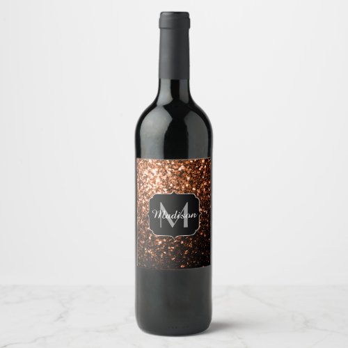 Bronze brown copper faux glitters sparkle Monogram Wine Label