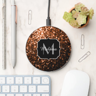 Bronze brown copper faux glitters sparkle Monogram Wireless Charger