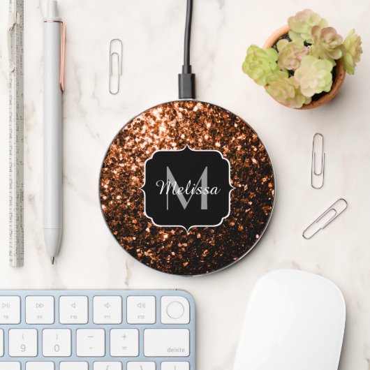 Bronze brown copper faux glitters sparkle Monogram Wireless Charger (Desk)