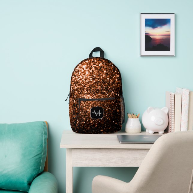 Bronze brown faux glitter sparkles Monogram Printed Backpack (Insitu)