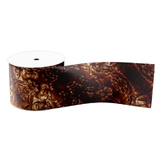Bronze Brown Floral Embossing Art Metallic Grosgrain Ribbon