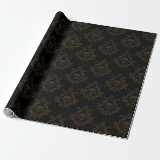 Bronze Brown Skull damask on Black Wrapping paper 