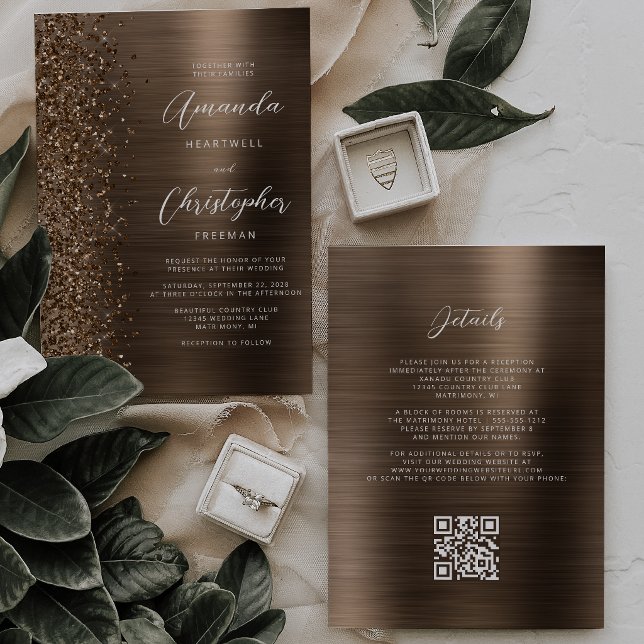 Bronze Brushed Metal Glitter QR Code Wedding Invitation (Creator Uploaded)