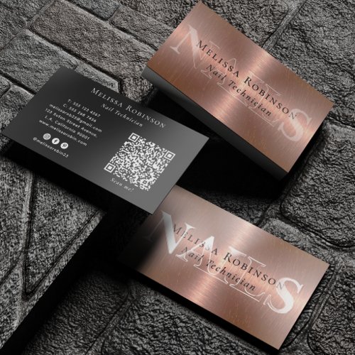 Bronze Brushed Metal Nail Salon Technician QR Code Raised Spot UV Business Card