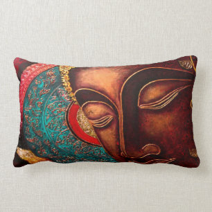 Bronze Buddha Head & Colorful Madala Lumbar Pillow