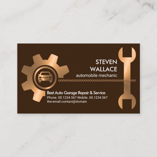 Bronze Chain-wheel Sprocket Spanner Auto Repairs Business Card (Front)