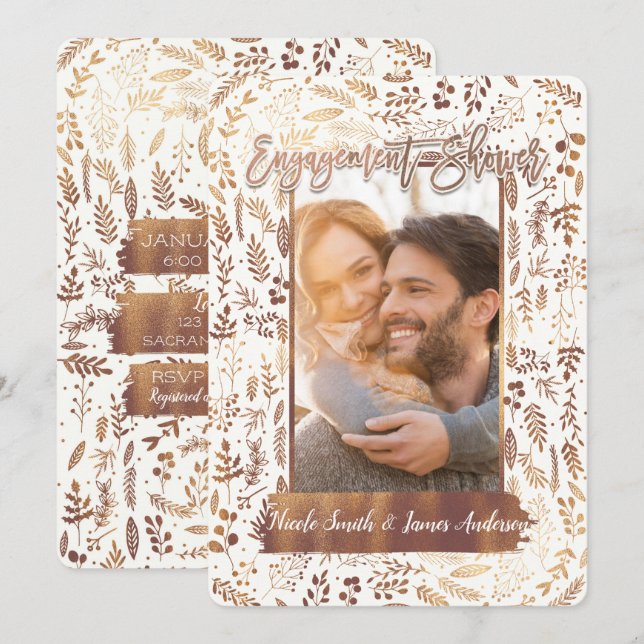 Bronze Copper Foil Modern Engagement Shower Photo Invitation (Front/Back)
