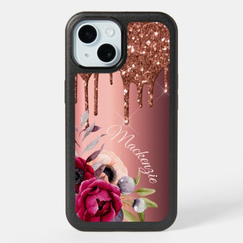 Bronze copper glitter drips floral name iPhone 15 case