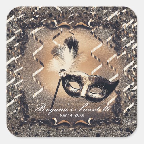 Bronze  Cream Masquerade Mask Elegant Ball Party Square Sticker