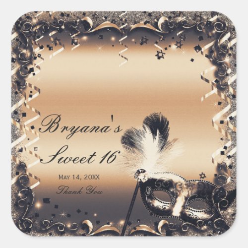 Bronze  Cream Masquerade Mask Elegant Ball Party Square Sticker