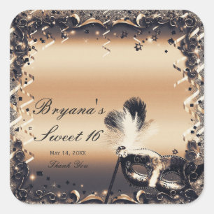 Bronze & Cream Masquerade Mask Elegant Ball Party Square Sticker
