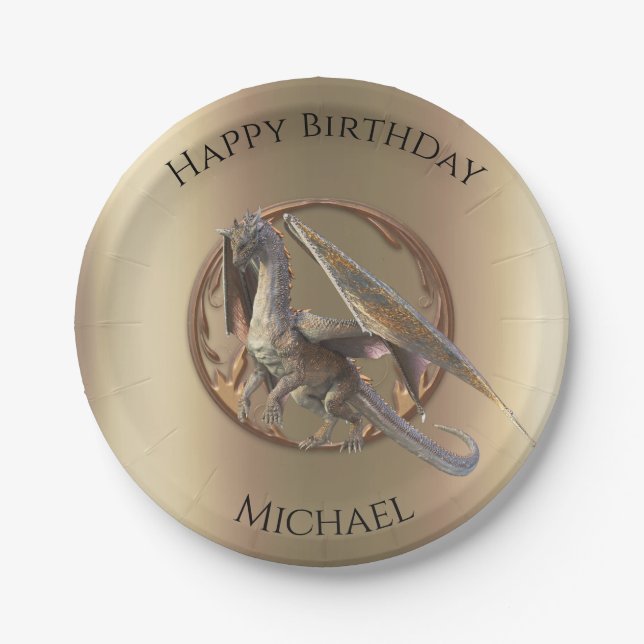 Bronze Dragon Birthday Party Paper Plates (Front)