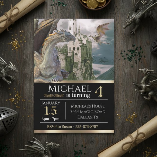 Bronze Dragon Medieval Castle Metallic Birthday Invitation (Creator Uploaded)