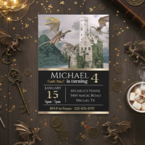 Bronze Dragon Medieval Castle Metallic Birthday Invitation