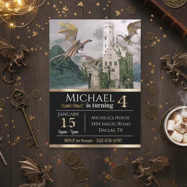 Bronze Dragon Medieval Castle Metallic Birthday Invitation (Creator Uploaded)