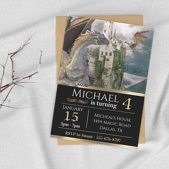Bronze Dragon Medieval Castle Metallic Birthday Invitation (Creator Uploaded)