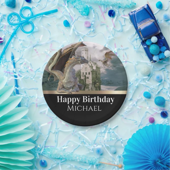 Bronze Dragon Medieval Castle Metallic Birthday  Paper Plates (Party)