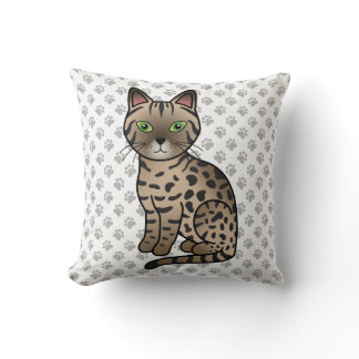 Bronze Egyptian Mau Cute Cartoon Cat &amp; Paws Throw Pillow