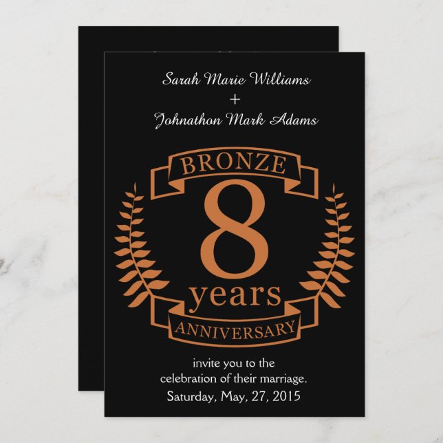 Bronze eighth wedding anniversary 8 years invitation (Front/Back)