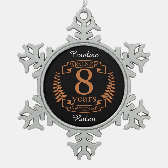Bronze eighth wedding anniversary 8 years snowflake pewter christmas ornament (Front)