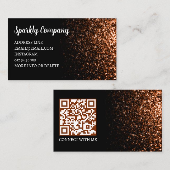 Bronze faux sparkle black elegant QR code Business Card (Front/Back)