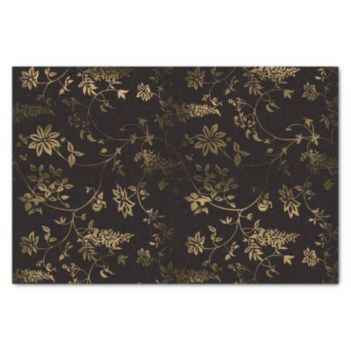 Bronze Flowers and Leaves on Black Background Tissue Paper