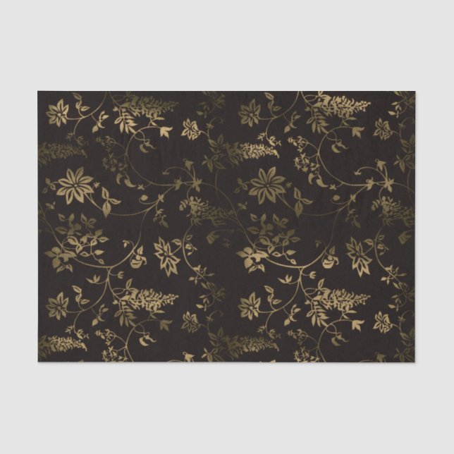 Bronze Flowers and Leaves on Black Background Tissue Paper (Front)