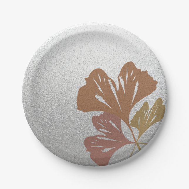 Bronze Ginkgo Leaves on Silver Effect Pattern Paper Plates (Front)