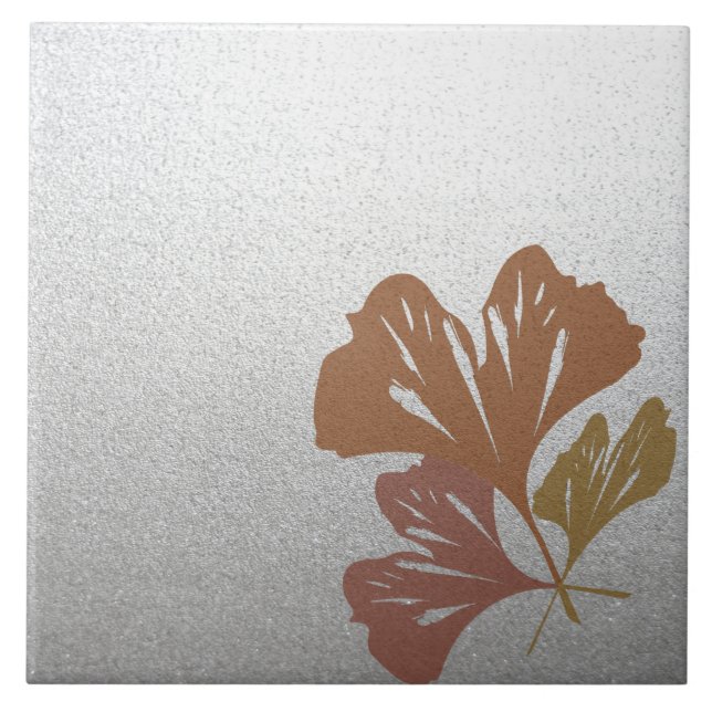 Bronze Ginkgo Leaves on Silver Effect Pattern Tile (Front)