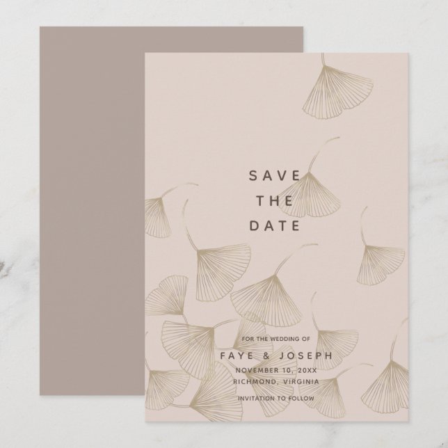 Bronze Ginkgo Leaves Pink Beige Save the Date Card (Front/Back)