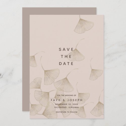 Bronze Ginkgo Leaves Pink Beige Save the Date Card