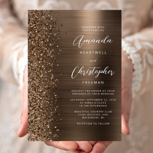Bronze Glam Brushed Metal Glitter Wedding Invitation