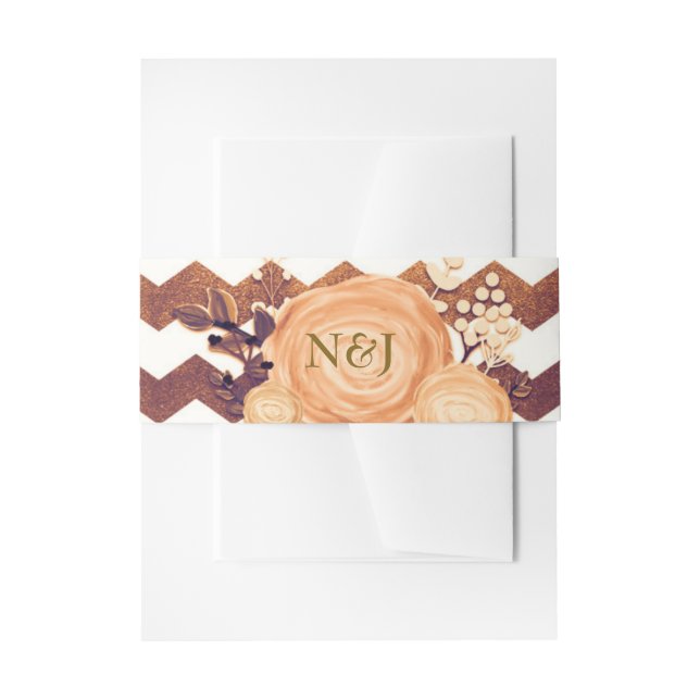 Bronze Glamour Chevron & Floral Fall Bridal Shower Invitation Belly Band (Front Example)