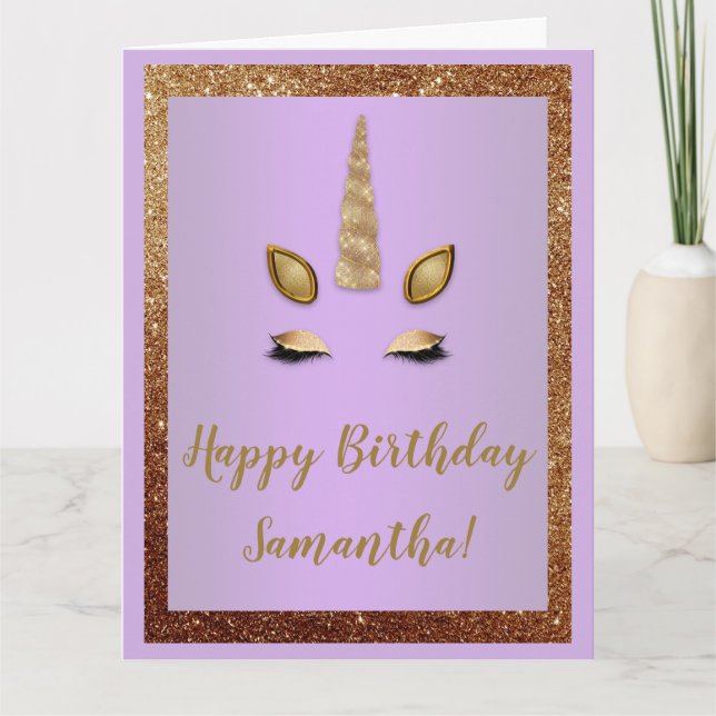 Bronze Glitter and Purple Gold Unicorn Birthday Card (Front)